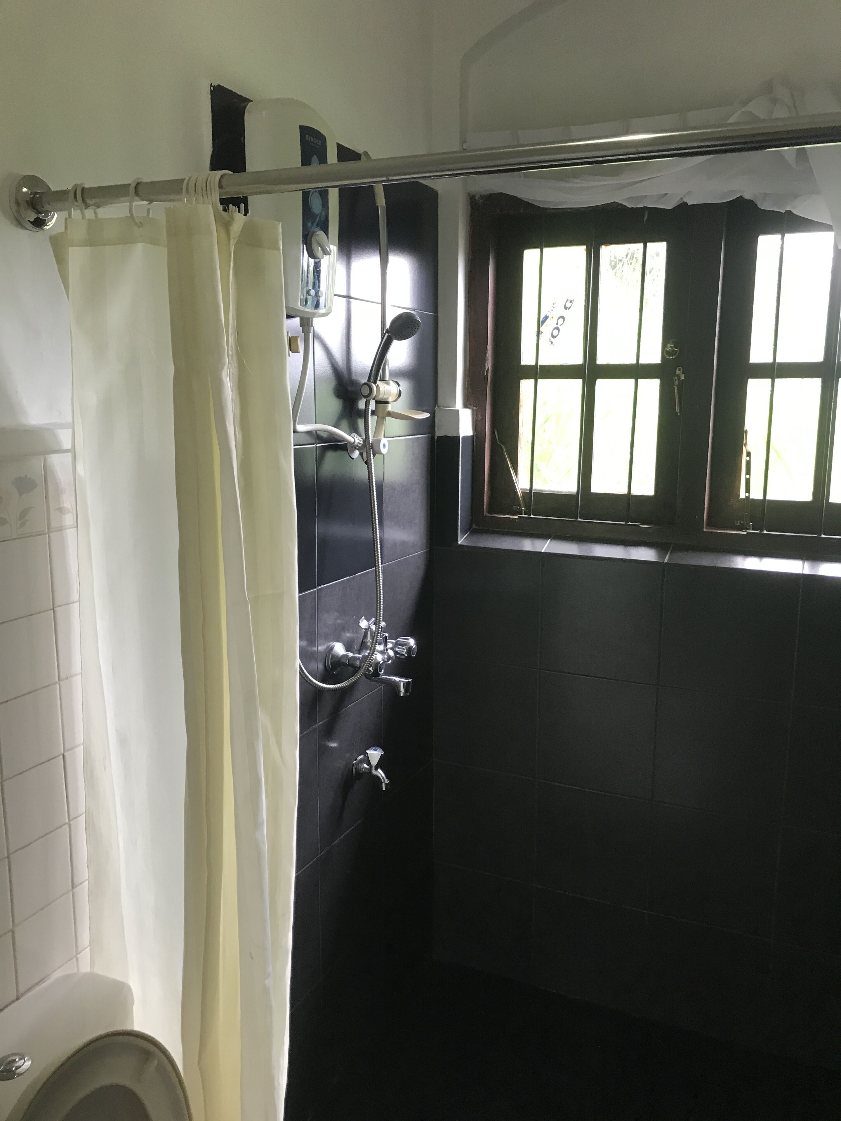 A bathroom with a shower, a toilet, and a window.