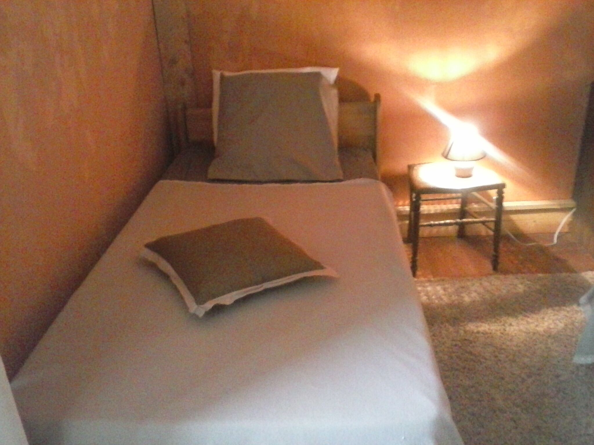 Ein Einzelbett mit Kissen und einem Buch, ein Nachttisch mit Lampe sowie ein Teppichboden.