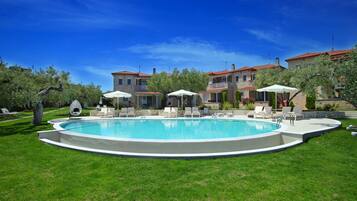 Outdoor pool, pool umbrellas, pool loungers