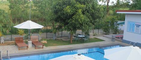 Una piscina con sillones de descanso y sombrillas, rodeada de vegetación y una zona delimitada por una valla.