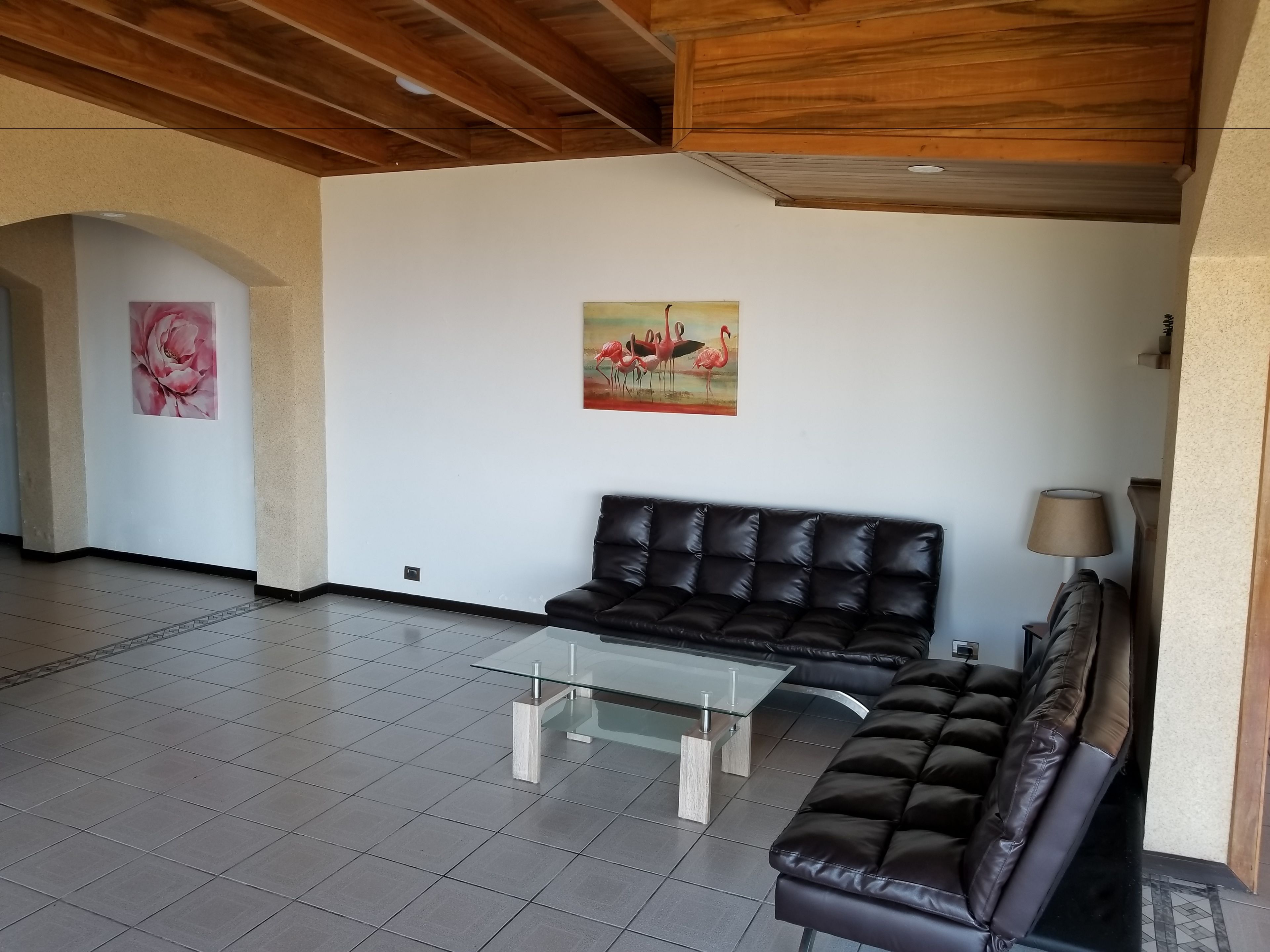 A spacious living area with a black leather sofa, a glass coffee table, and a painting of flamingos on the wall.