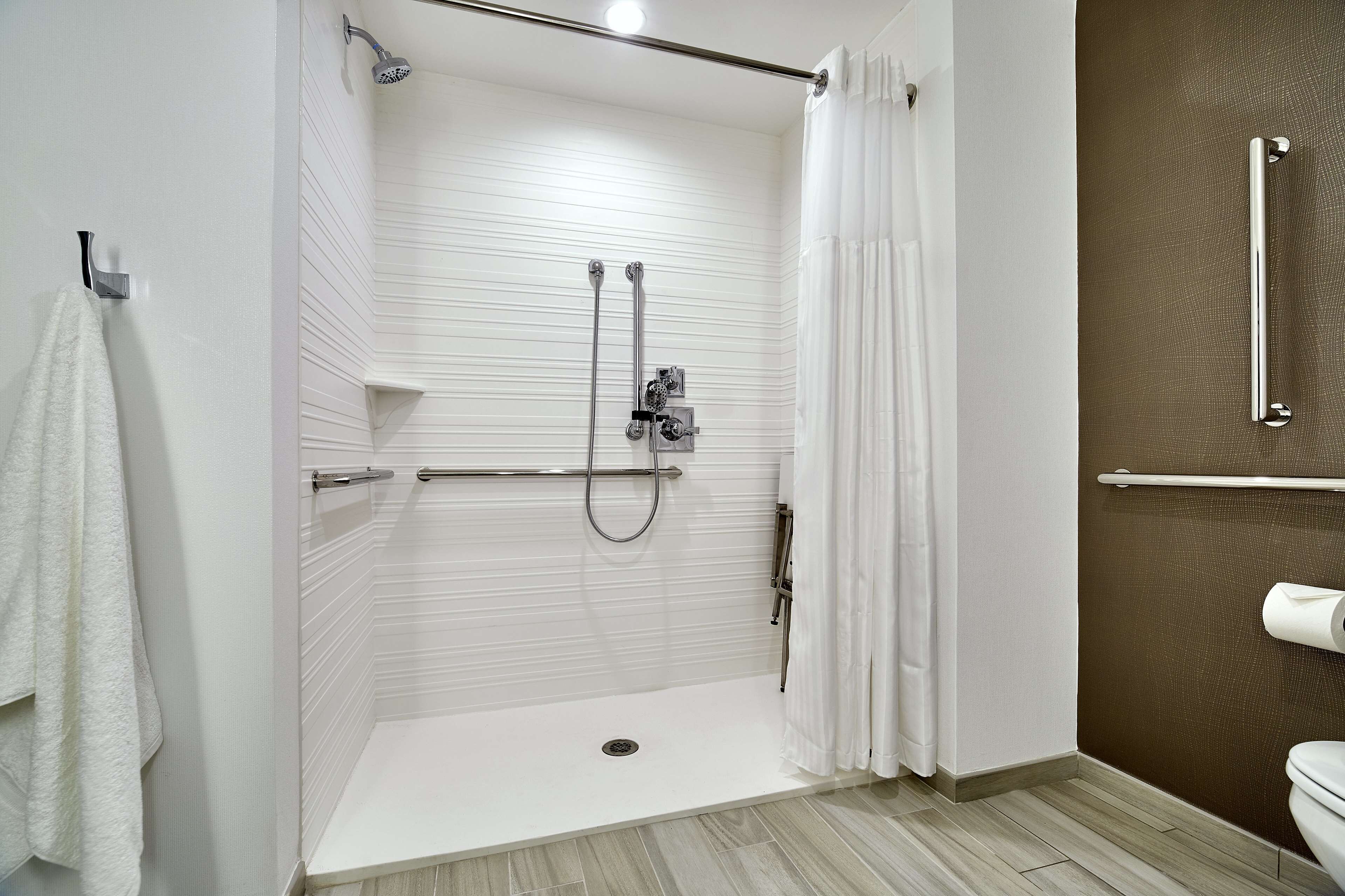 Une salle de bain moderne dotée d’une douche à l’italienne, de barres d’appui et de toilettes avec un porte-serviettes.
