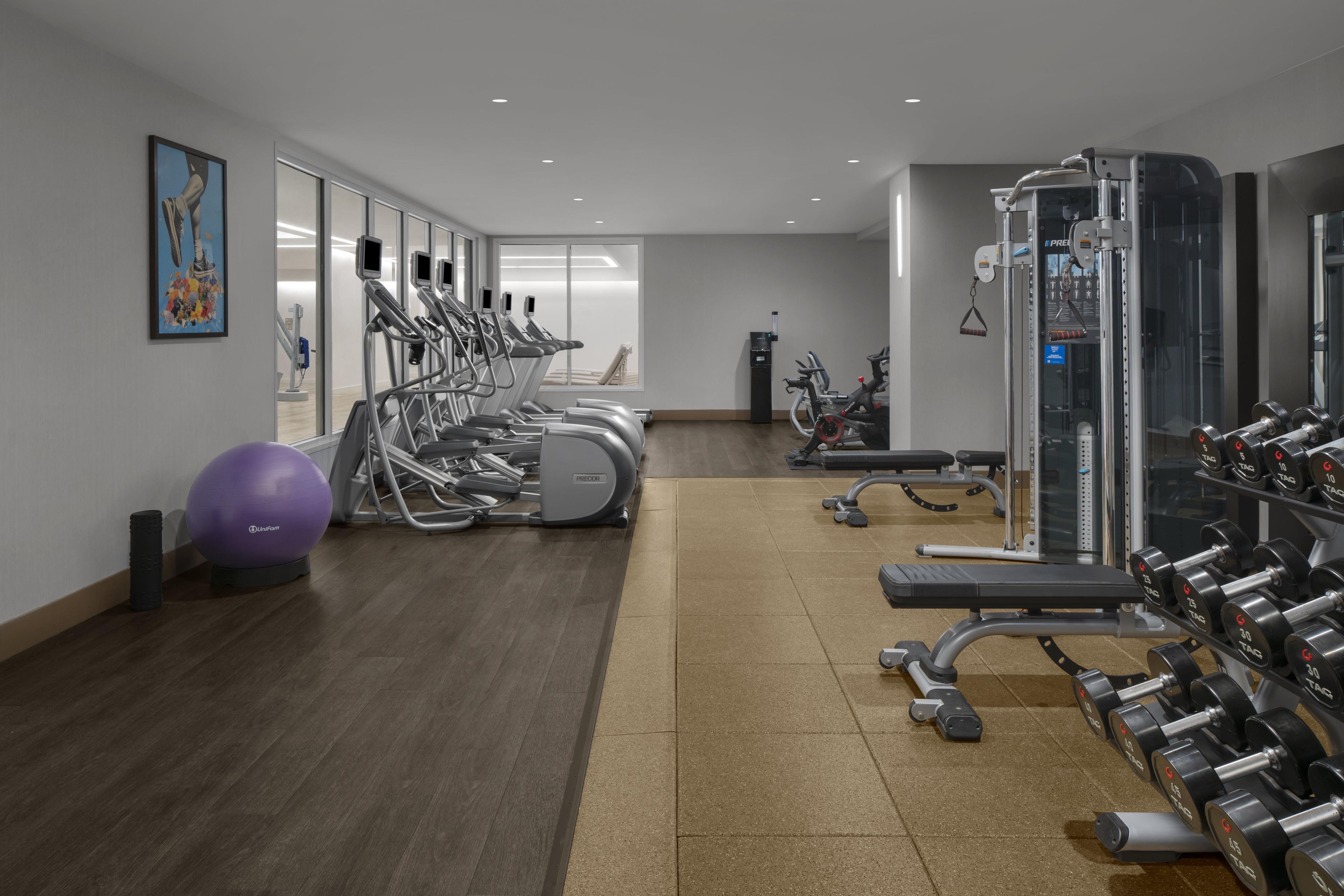 A gym with treadmills, elliptical machines, a stationary bike, and free weights.