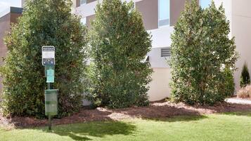 A clean outdoor area with a trash can, a sign instructing to clean up after pets, and neatly trimmed bushes.