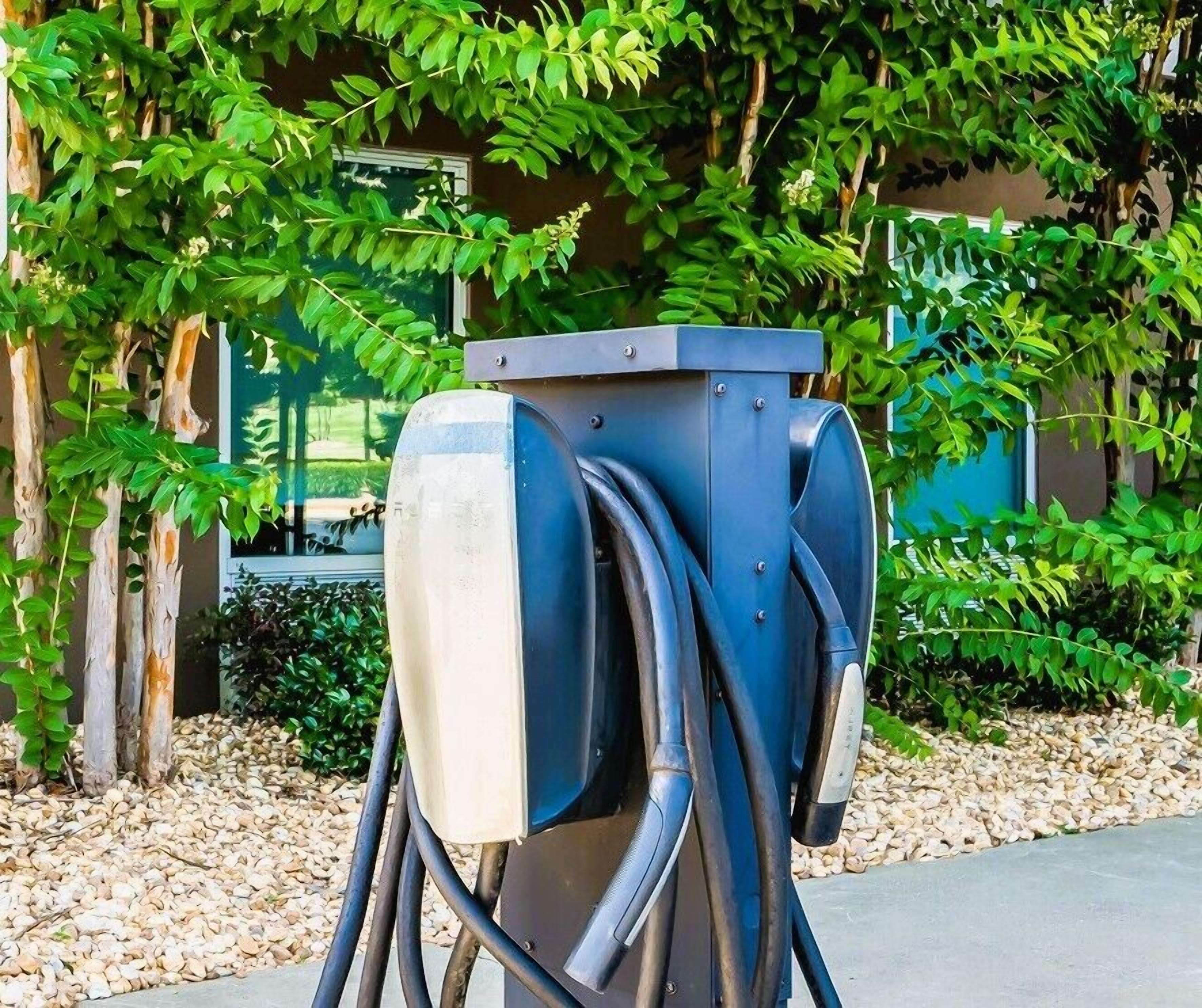 A charging station with multiple cables, set against a backdrop of greenery and a building.