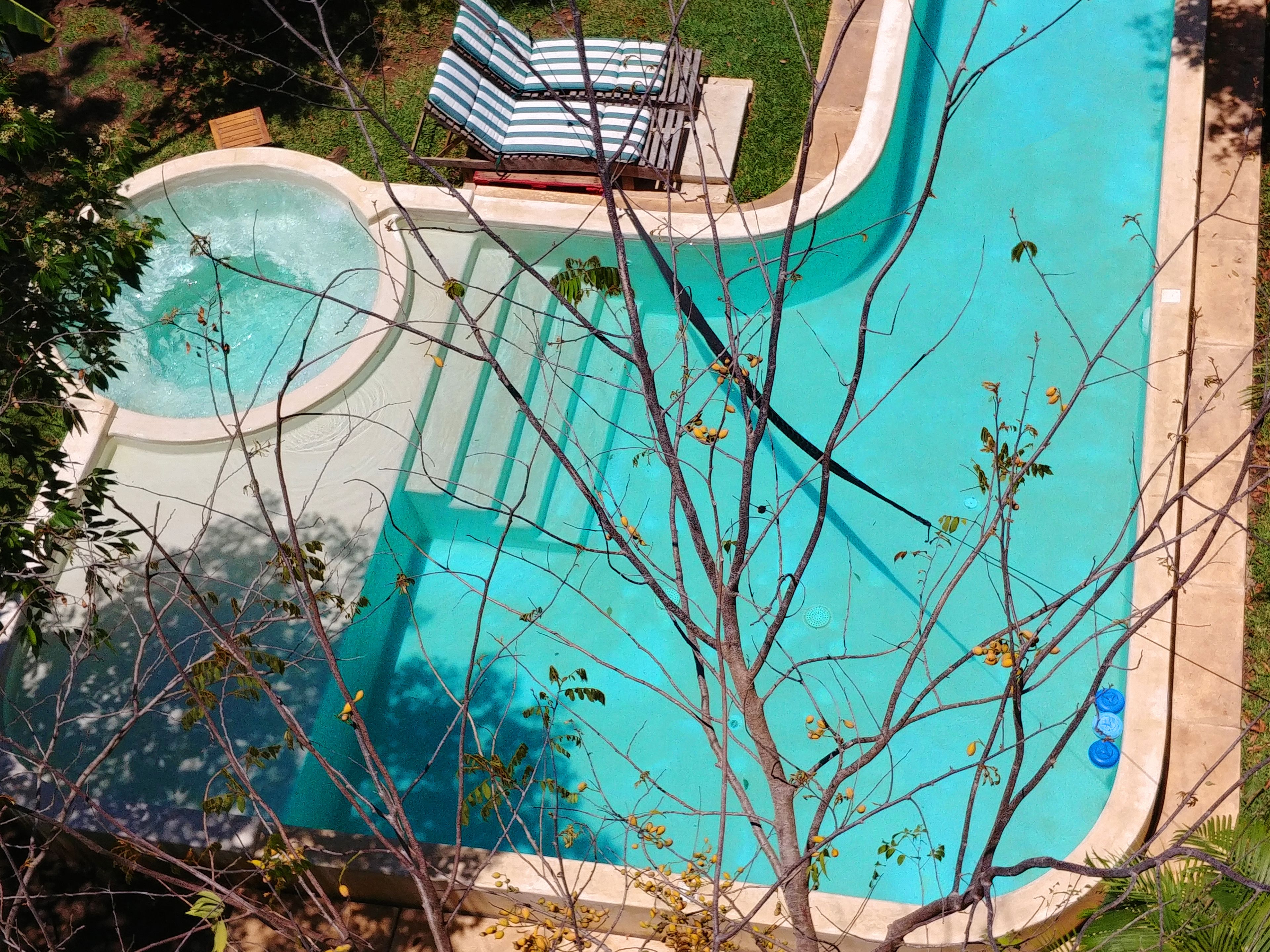 Ein Schwimmbecken mit Whirlpool, Liegestühlen und einer kleinen Terrasse, umgeben von Bäumen.