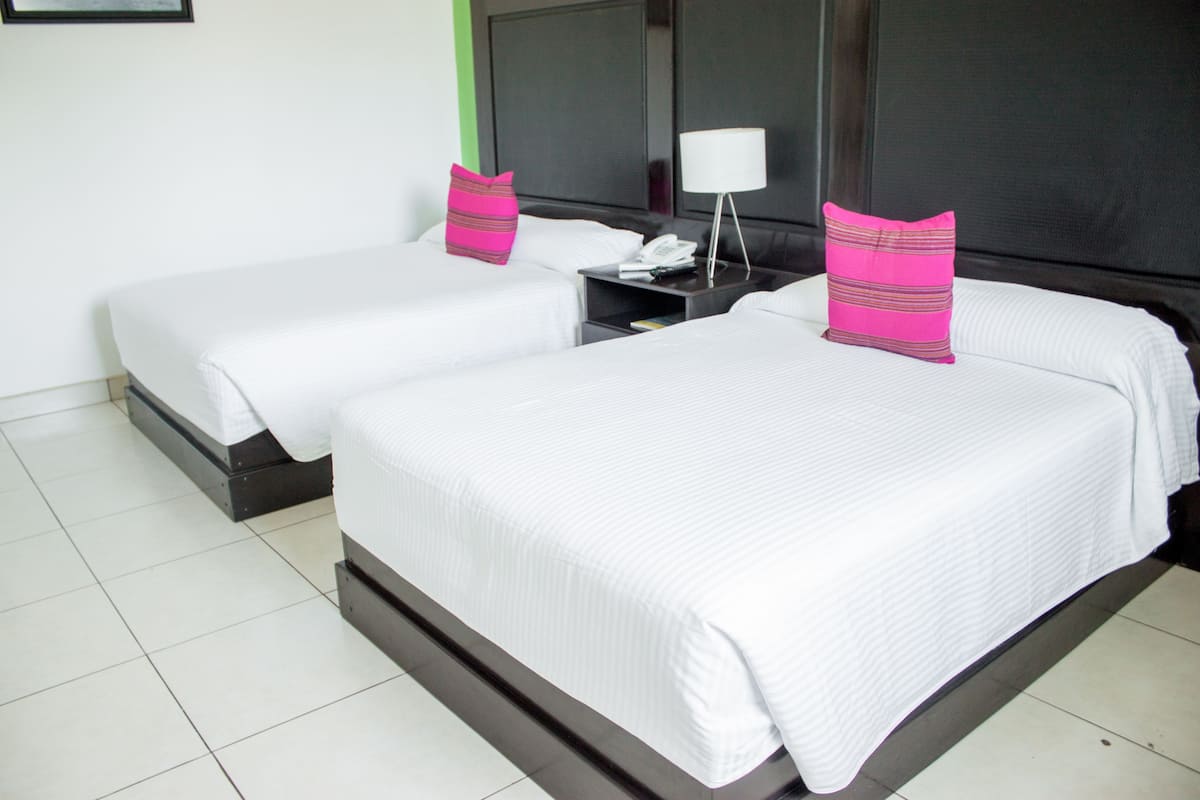 Two single beds with white linens and pink pillows, a bedside table with a lamp, and a large mirror on the wall.