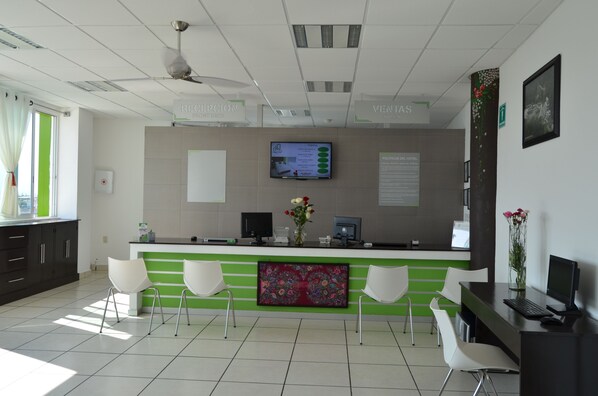 Un espace d’accueil avec un comptoir vert et blanc, des chaises blanches, un ventilateur de plafond, un écran de télévision et un tableau encadré au mur.