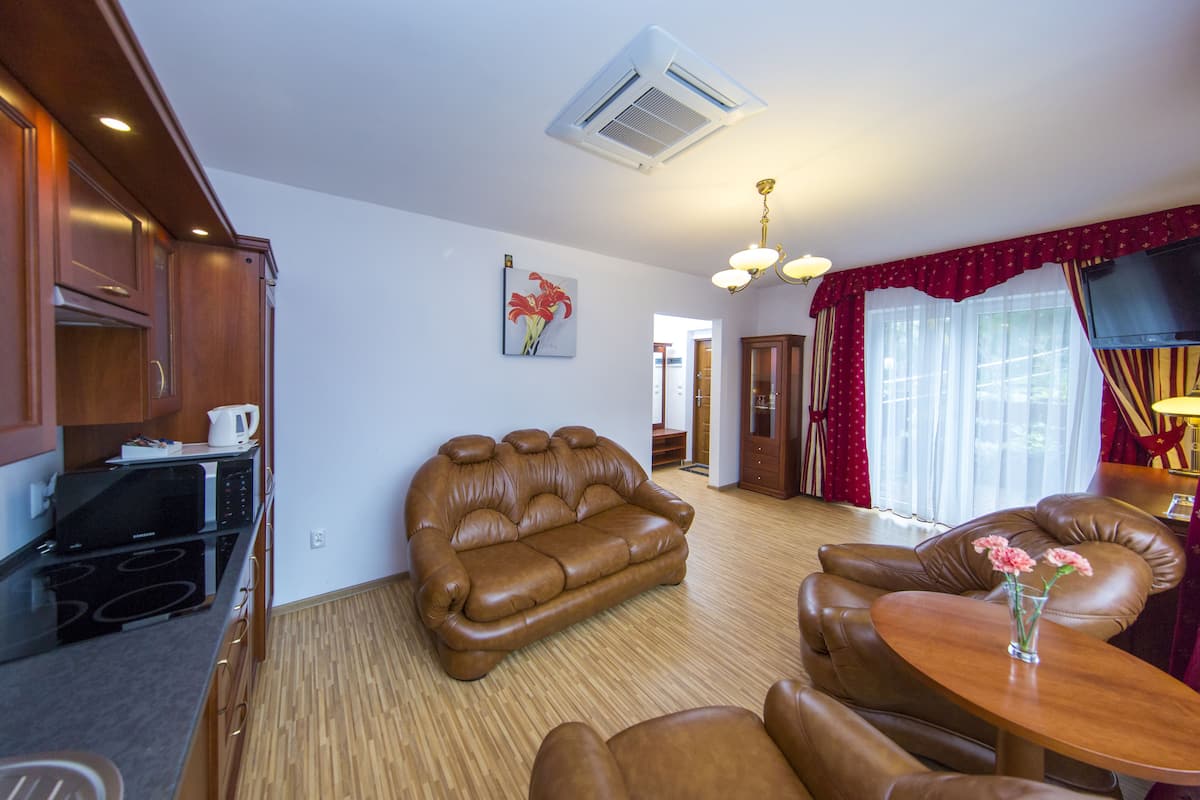 Un salón con un sofá de cuero marrón, una mesa de centro de madera y una zona de cocina con microondas y hervidor.