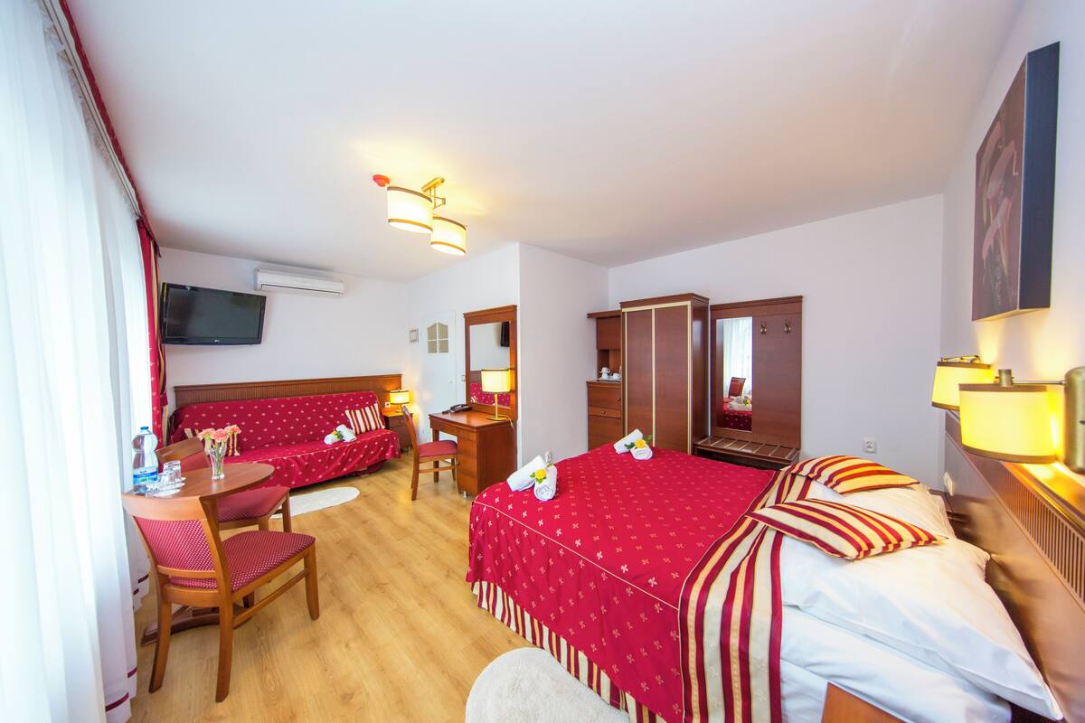 Una habitación de hotel con cama, escritorio, silla, televisor y armario.