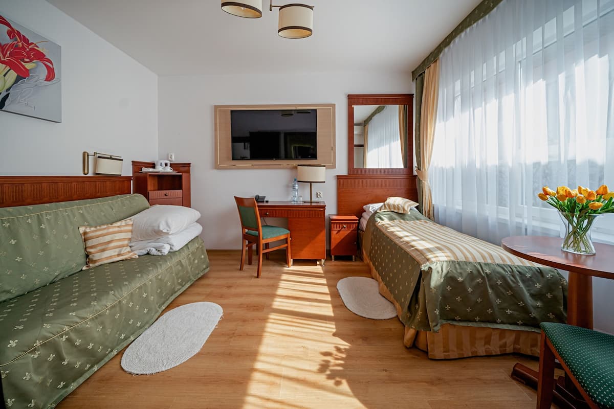 Habitación de hotel con sofá verde, cama individual, escritorio con silla, televisor, espejo y ventana con cortinas.