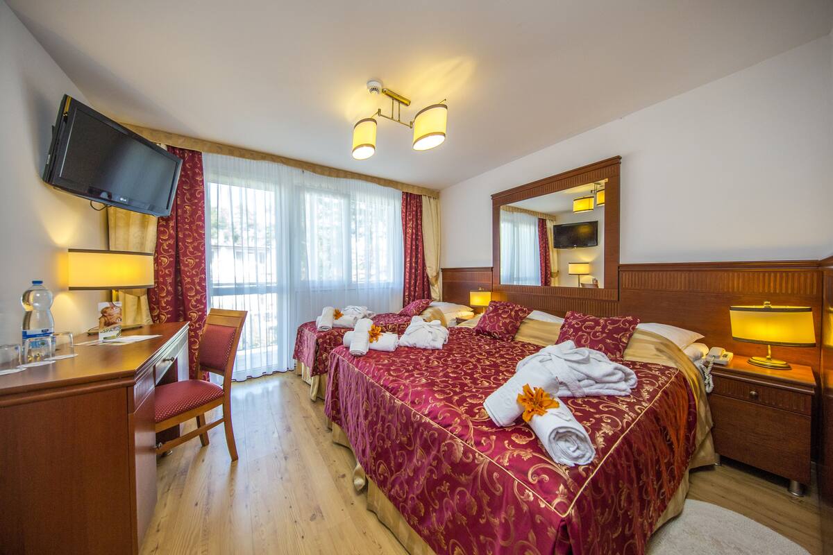 Una habitación de hotel con dos camas, un escritorio, una silla, un televisor y un espejo.
