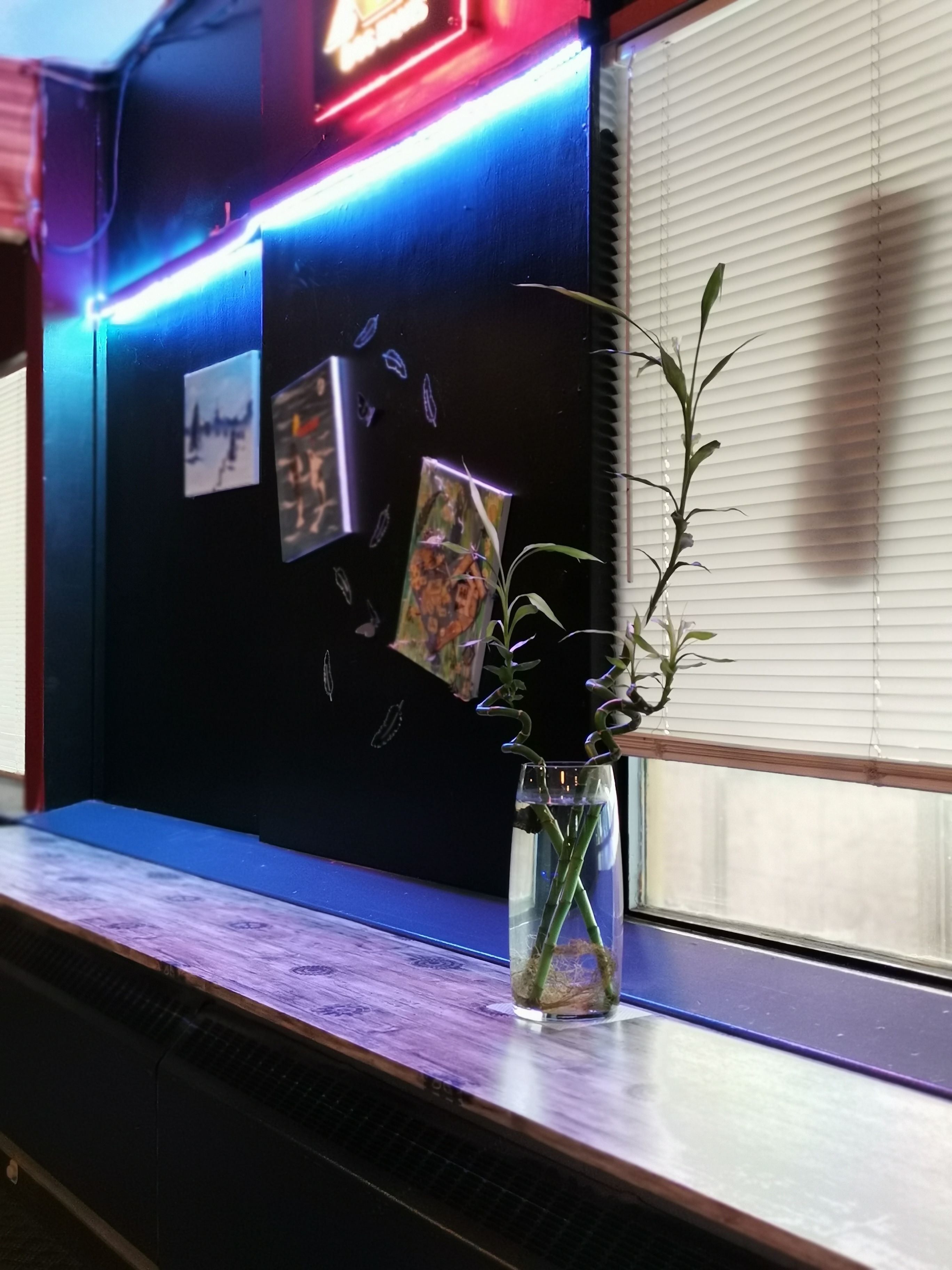 Un bureau avec une plante dans un vase en verre, un écran d’ordinateur et un mur orné de photos et d’un panneau lumineux au néon.