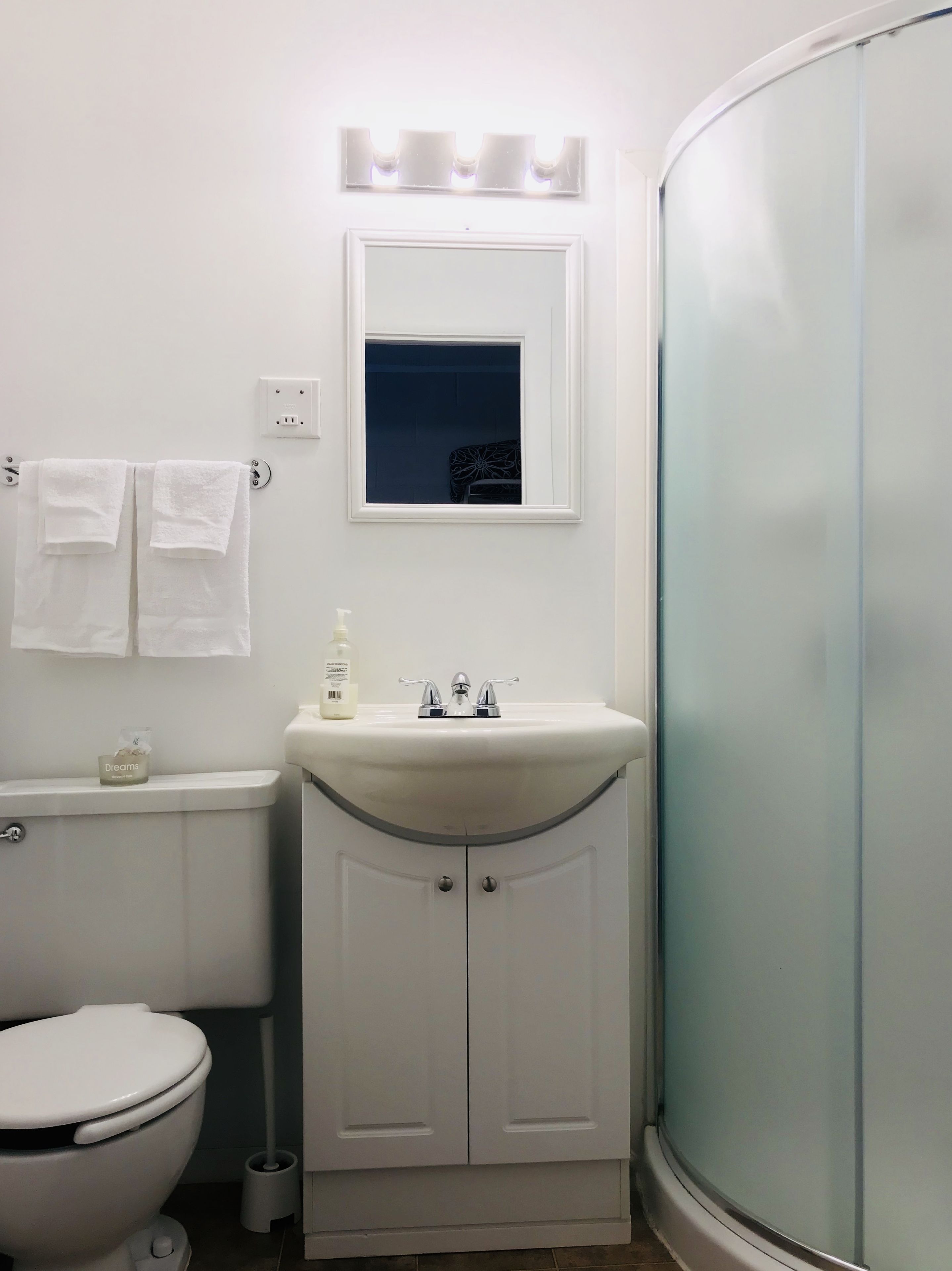A bathroom with a toilet, sink, and shower.