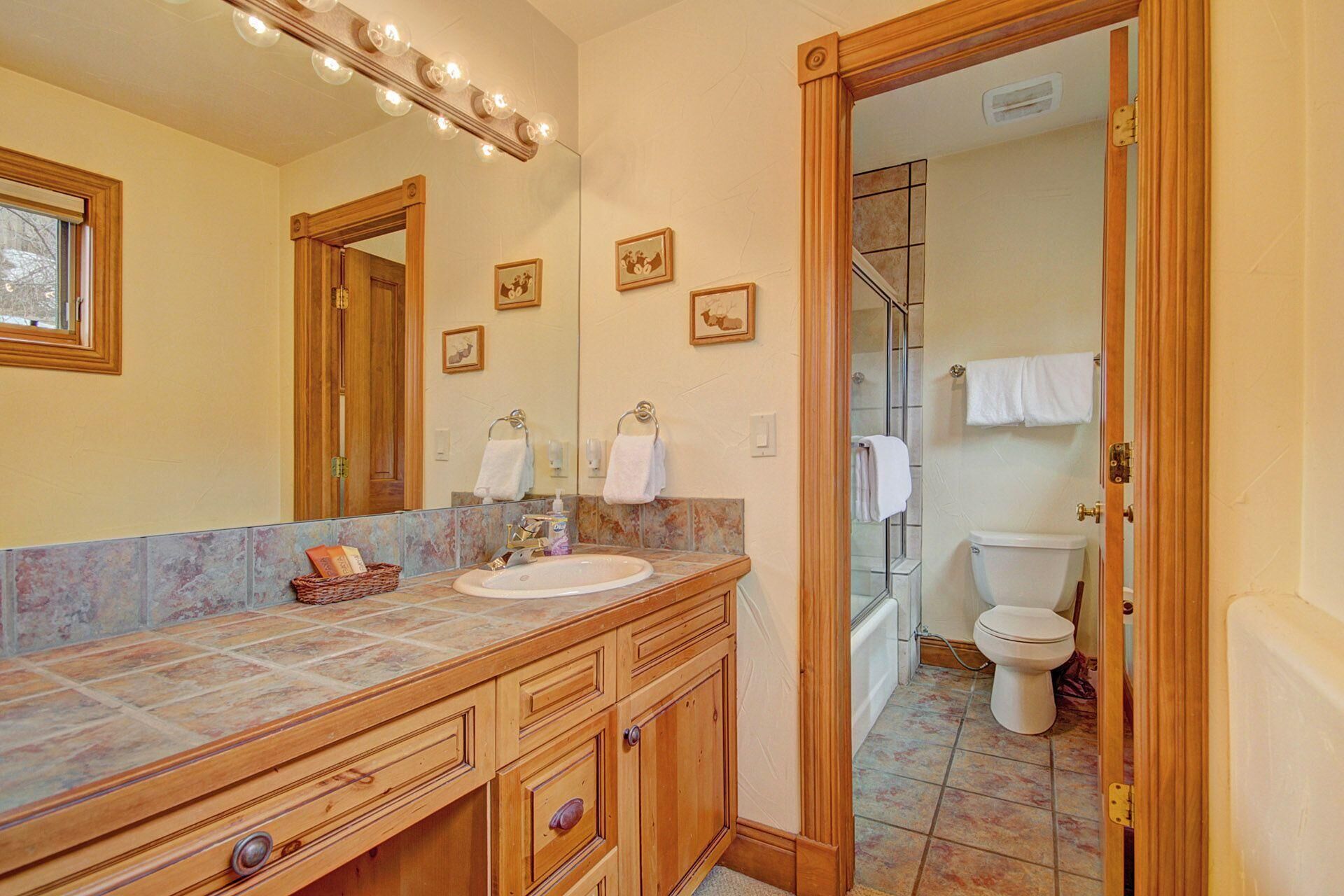 Une salle de bain avec un meuble-lavabo en bois, un grand miroir et un espace douche.