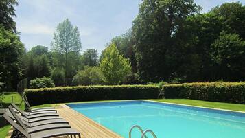 A heated pool, pool loungers