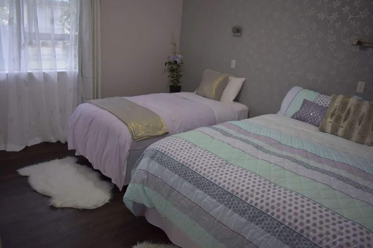 A bedroom with two beds, a white furry rug, a potted plant, and a window with sheer curtains.
