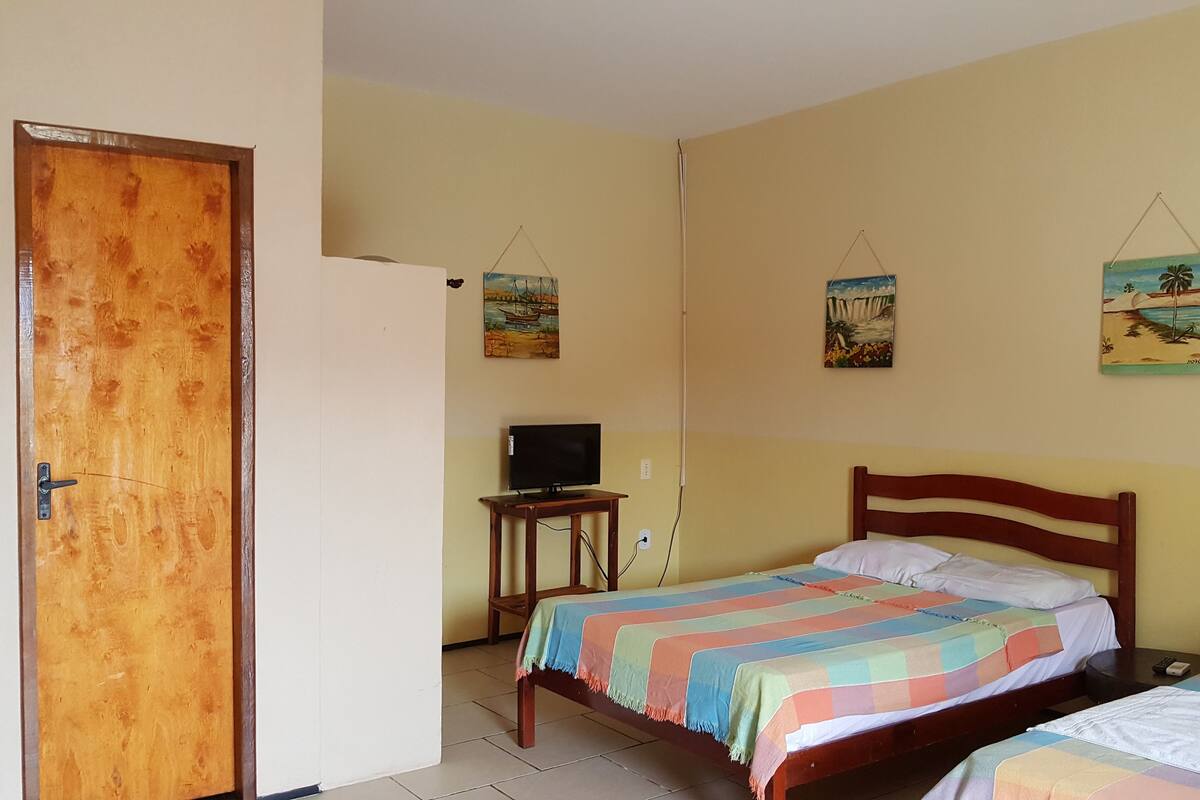 Un dormitorio con puerta de madera, una cama con manta de colores, un televisor sobre una mesita y dos cuadros colgados en la pared.
