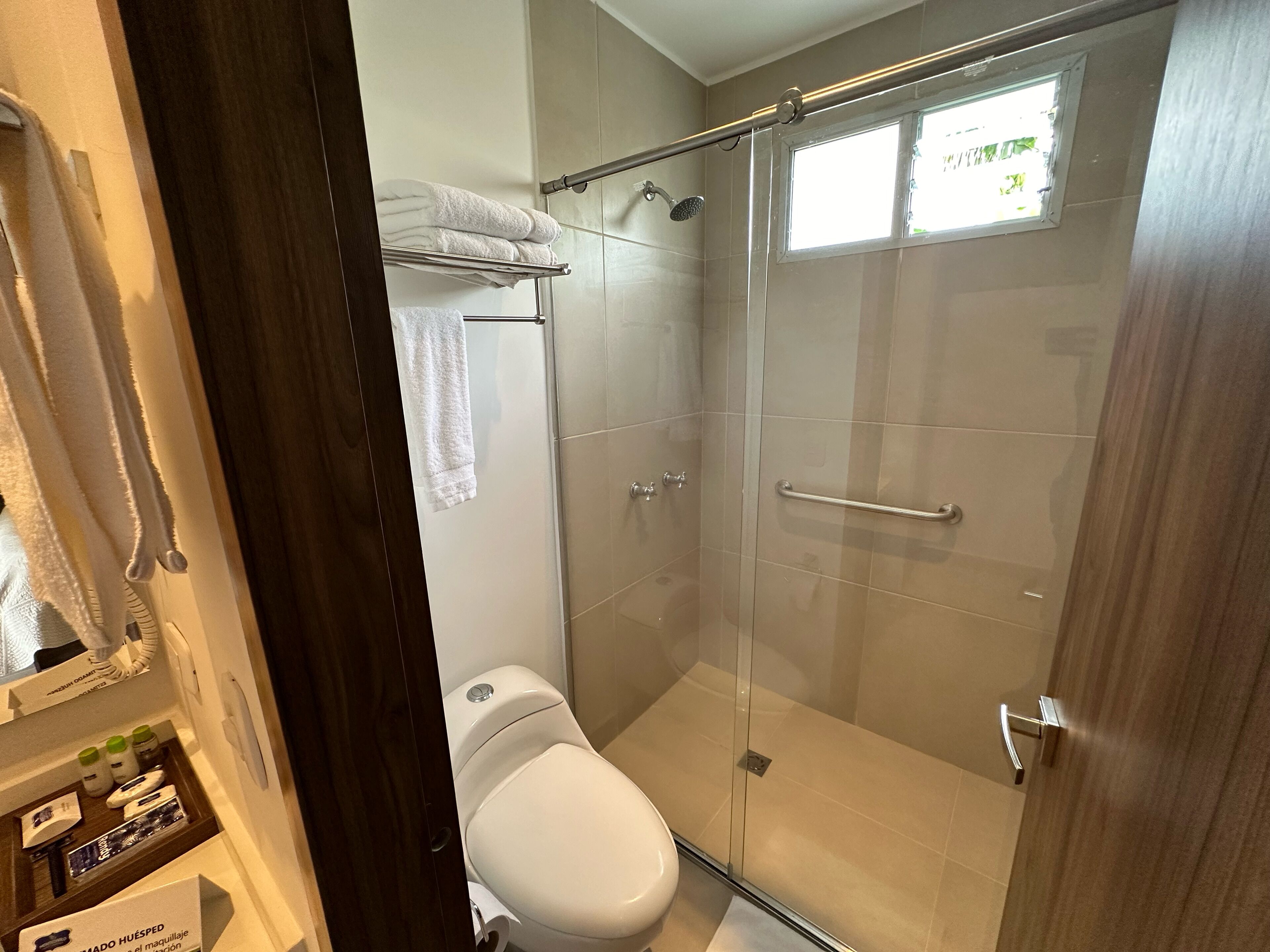 junior double room | bathroom | shower, free toiletries, hair dryer, towels