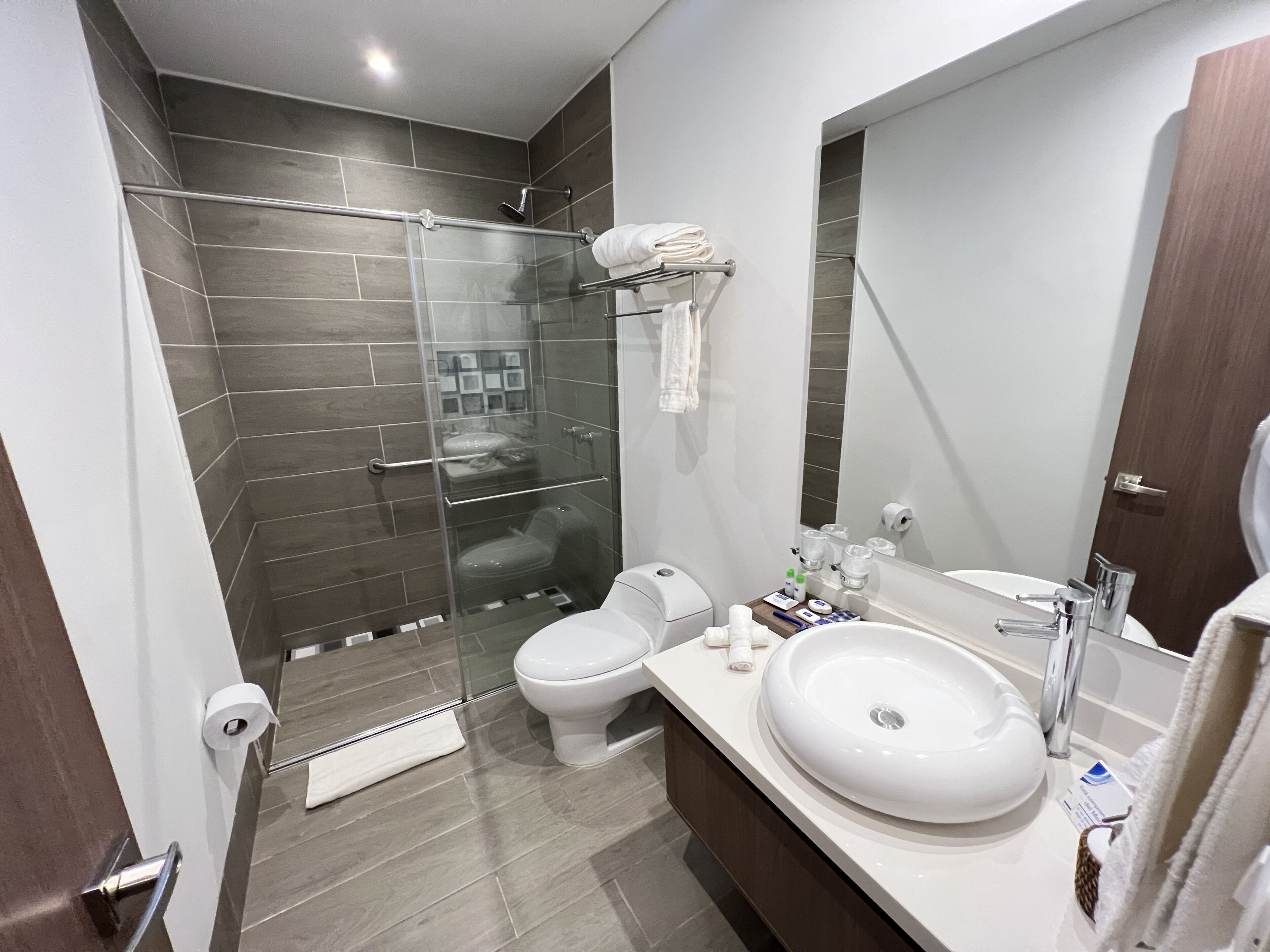 superior double room | bathroom | shower, free toiletries, hair dryer, towels