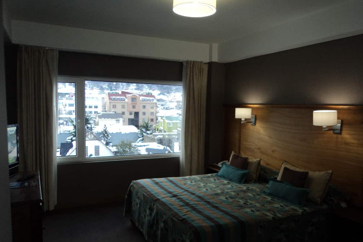 Habitación de hotel con una cama grande, dos mesitas de noche, una ventana con cortinas y vistas a edificios.