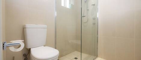 A bathroom with a toilet, a glass-enclosed shower, and a toilet paper holder.