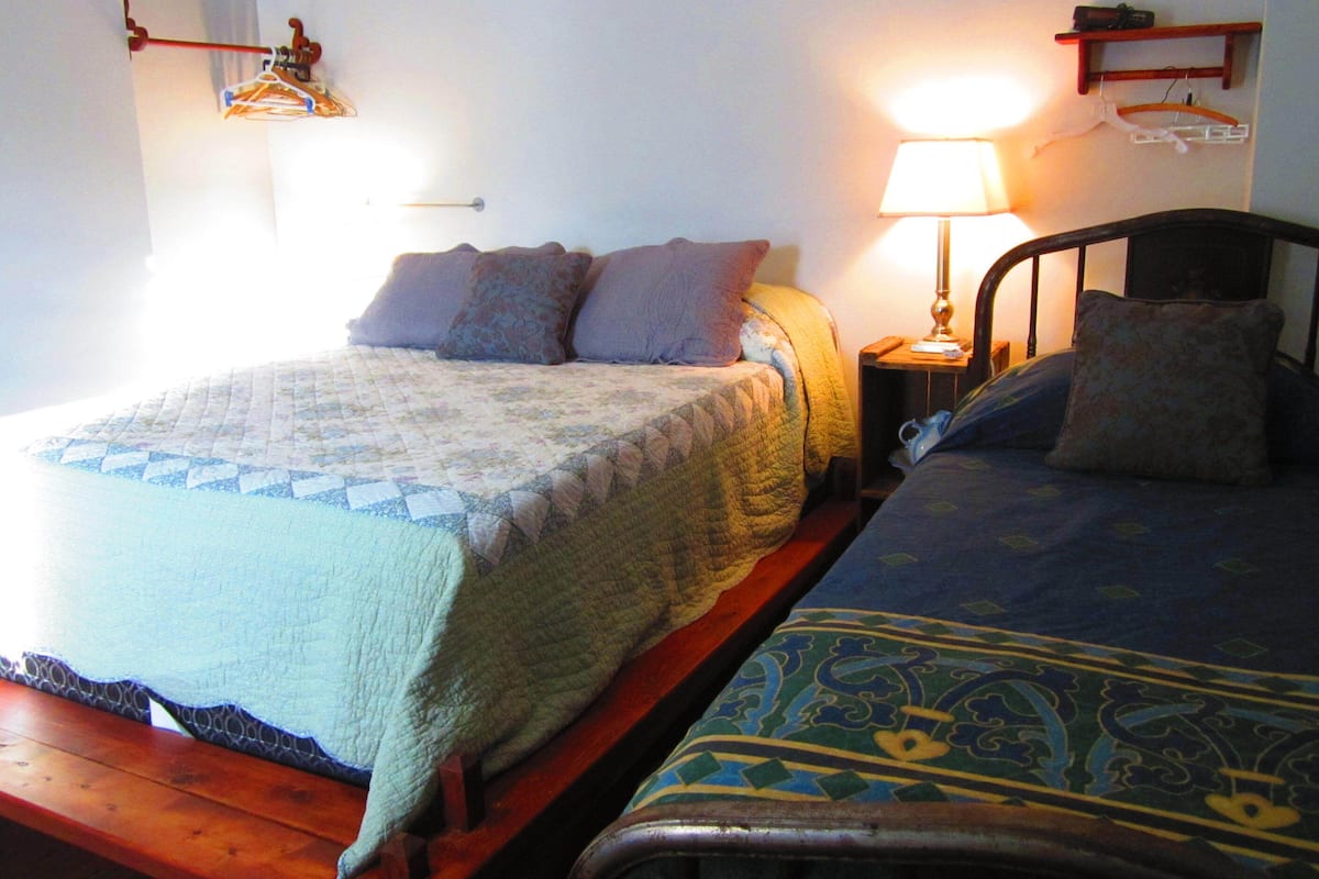Una habitación con dos camas, una con colcha y la otra con edredón estampado. Hay una mesita de noche con una lámpara y un estante encima.