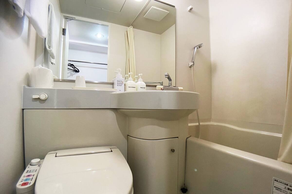 combined shower/bathtub, hair dryer, slippers, bidet