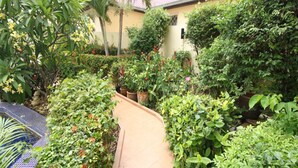 A garden pathway with various plants and a building in the background.