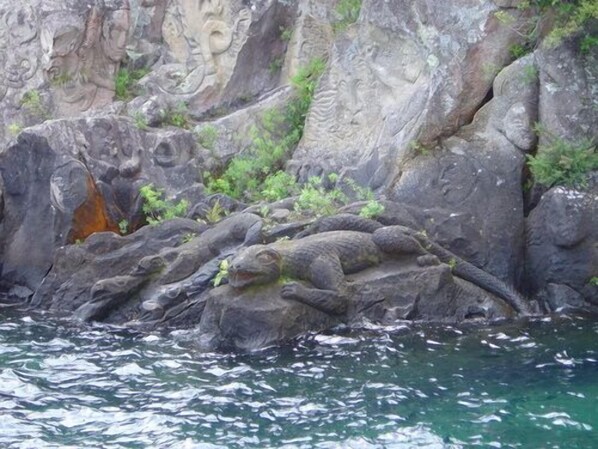 A rocky coastal area with a large rock formation featuring carved faces.