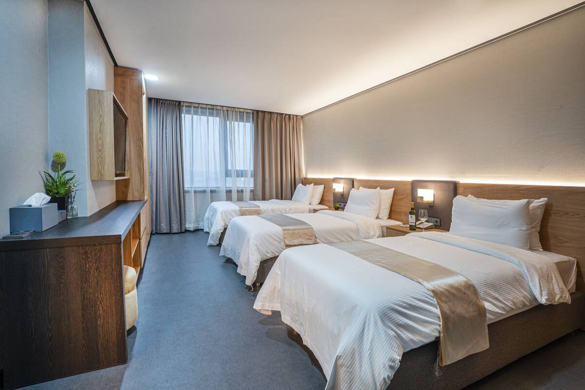 Värdeförvaringsskåp på rummet, skrivbord och mörkläggningsgardiner