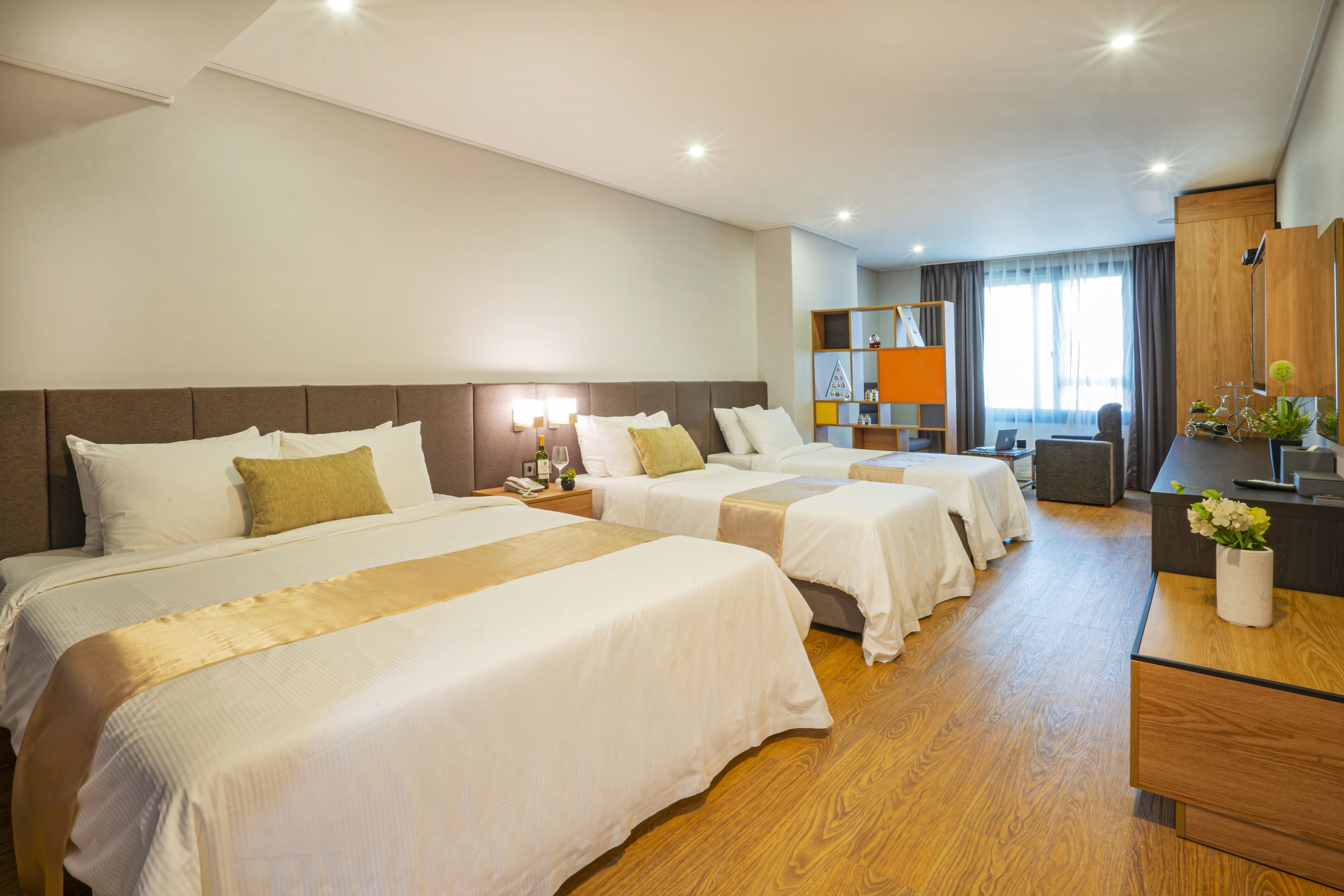 Värdeförvaringsskåp på rummet, skrivbord och mörkläggningsgardiner