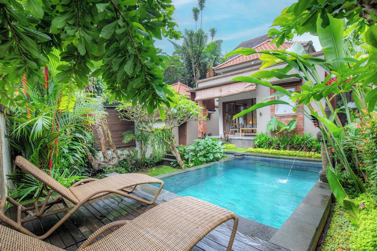 A pool with two wicker lounge chairs, surrounded by lush greenery and a house with a tiled roof.