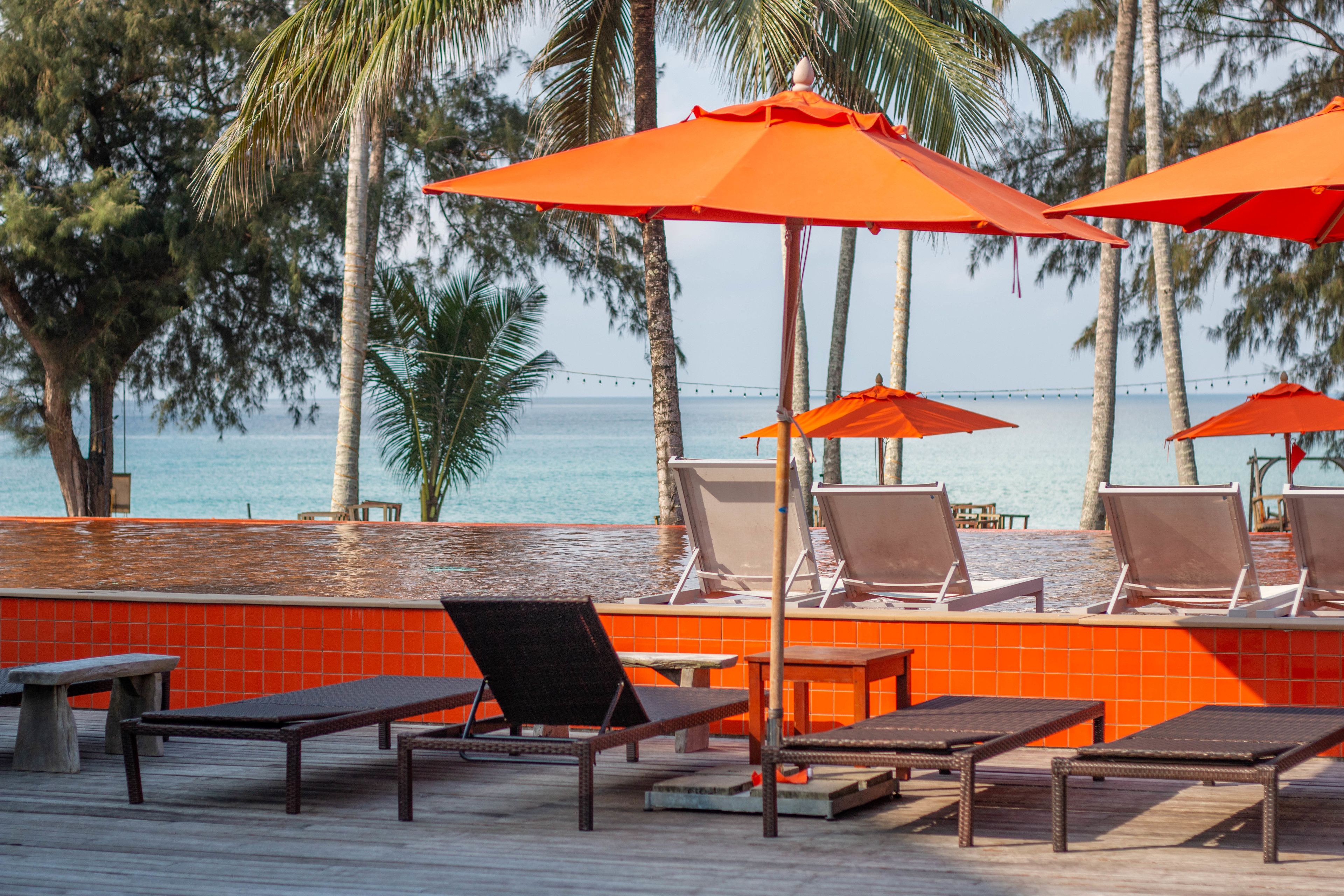 Kolam renang outdoor, dengan kursi berjemur