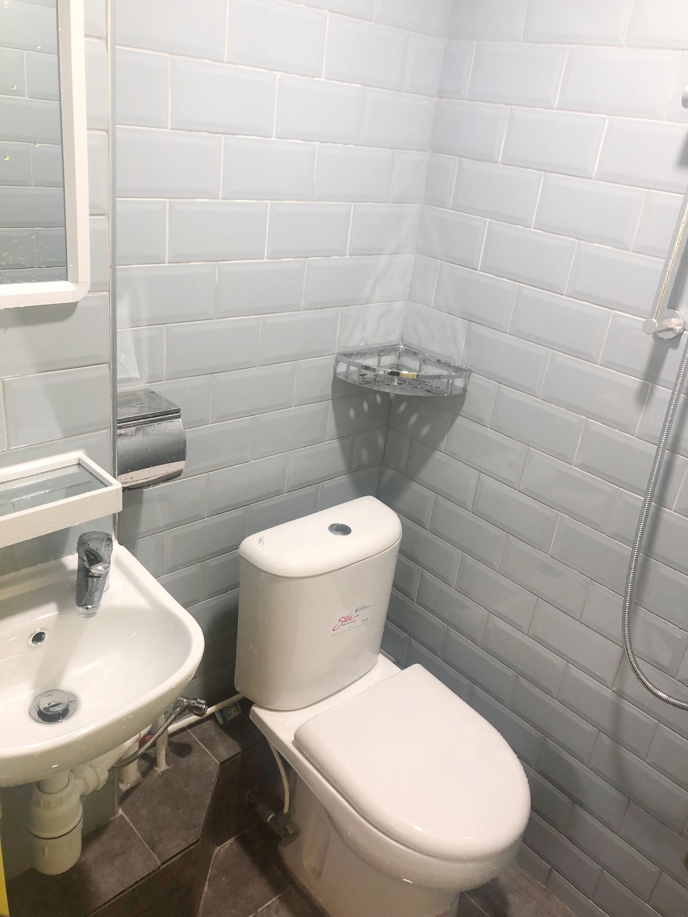 A bathroom with a toilet, sink, and shower.