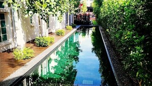 Un canal estrecho de superficie reflectante, bordeado por follaje y edificios.