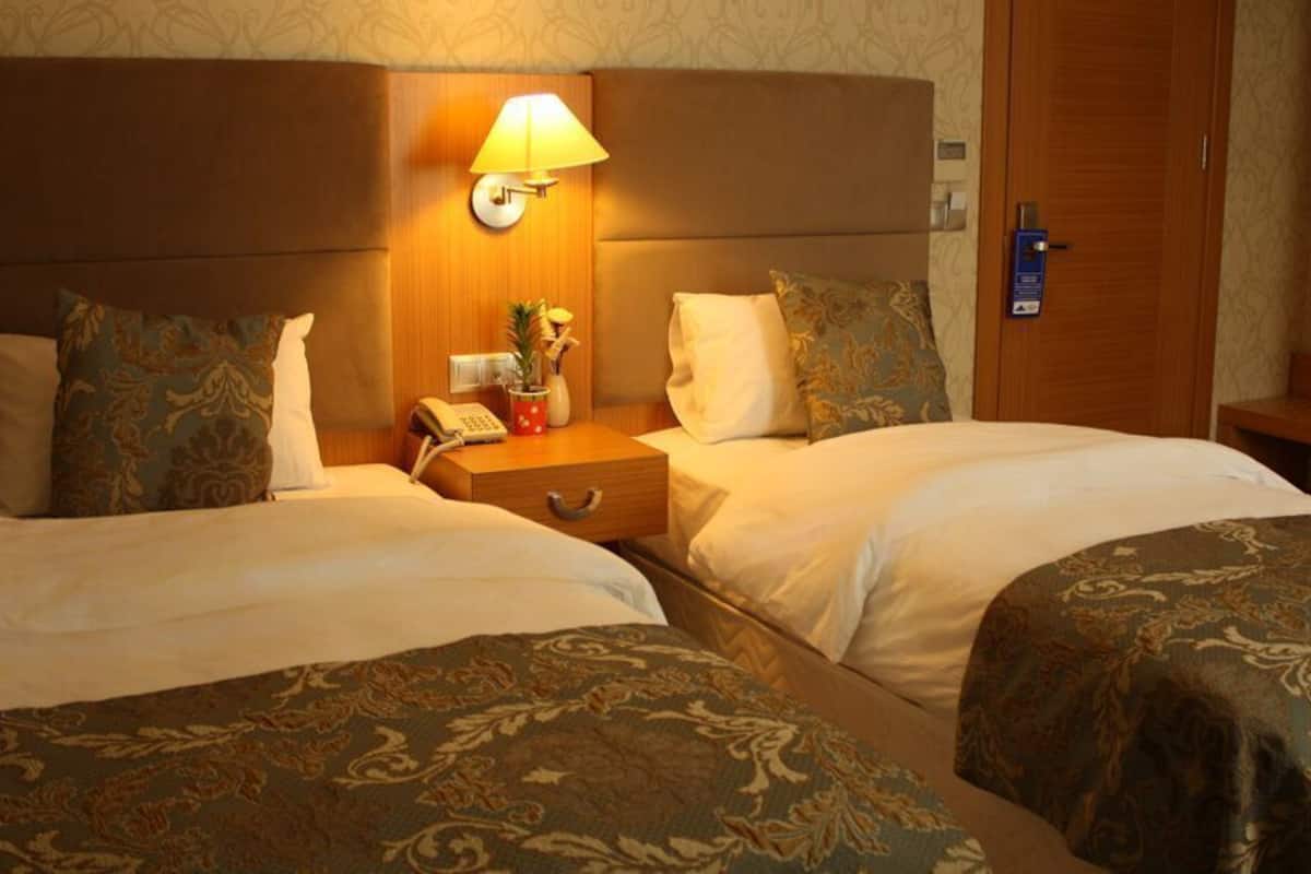 Ein Hotelzimmer mit zwei Betten, einem Nachttisch mit Lampe, einem Telefon und einer kleinen Pflanze.