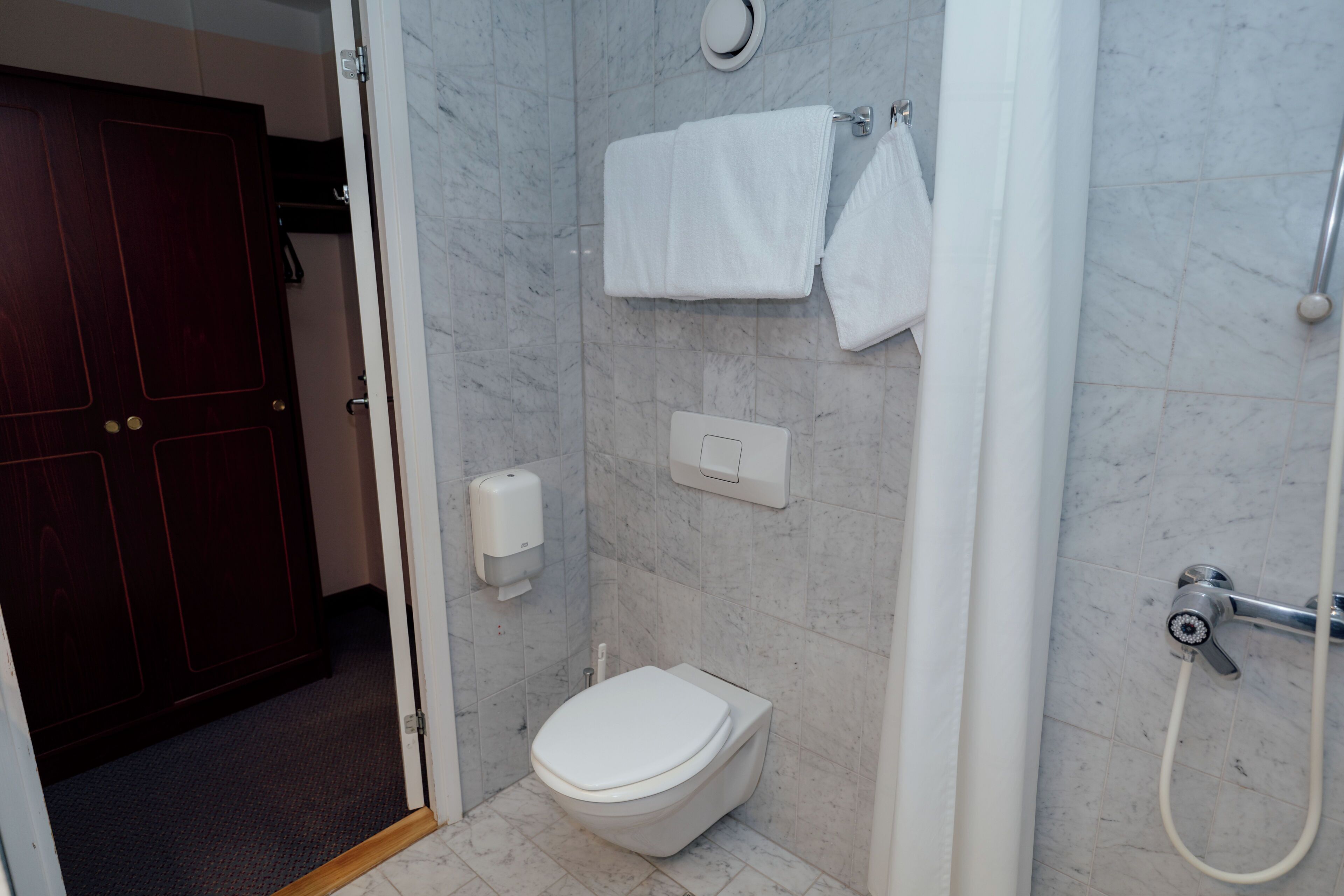 Ein Badezimmer mit Toilette, Dusche und Handtuchhalter.