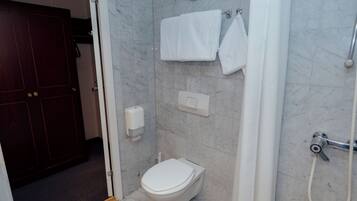 Ein Badezimmer mit Toilette, Dusche und Handtuchhalter.