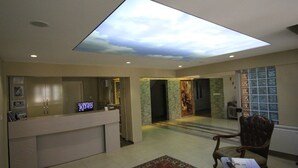 A reception area with a desk, a chair, a large window, and a ceiling with a skylight.