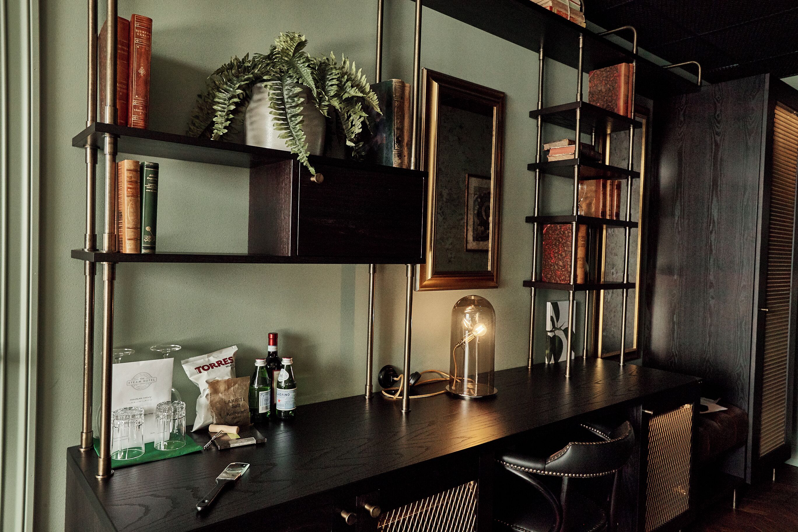 Zona de bar con mostrador de madera, estanterías con libros y objetos decorativos, una planta colgante e iluminación colgante.