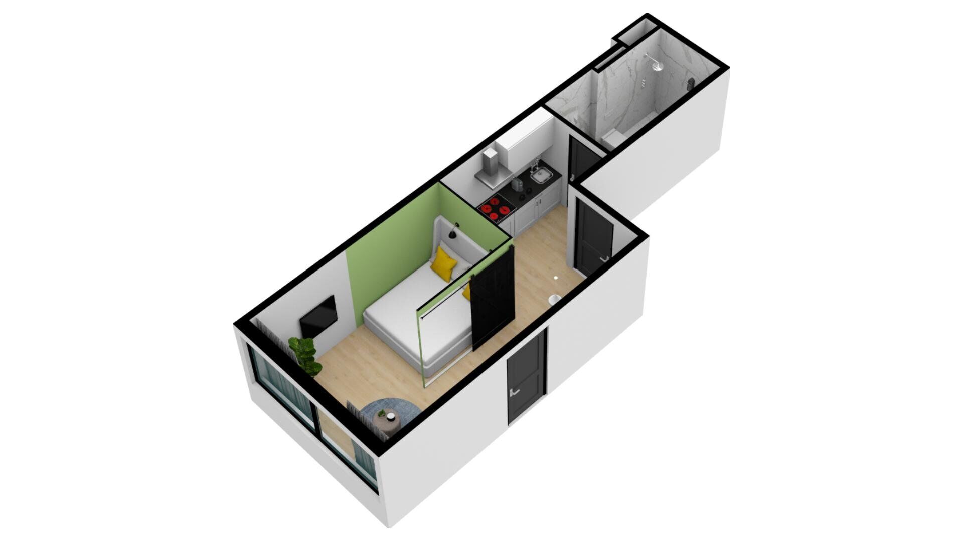 Distribución en 3D de un apartamento compacto con kitchenette, un baño pequeño y una zona de estar con sofá y planta.