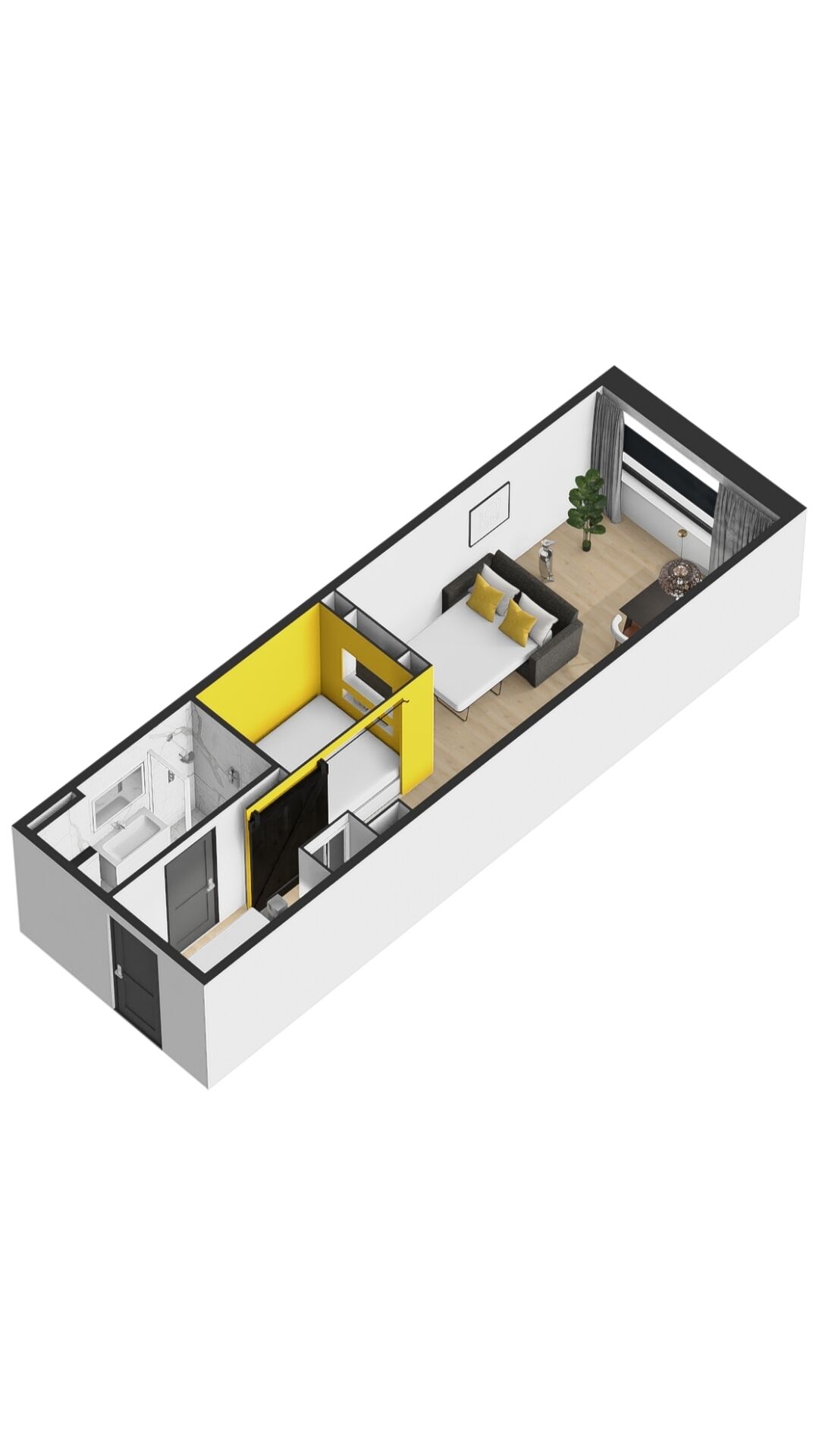 Een 3D plattegrond van een modern appartement met keuken, woonruimte en een klein balkon.