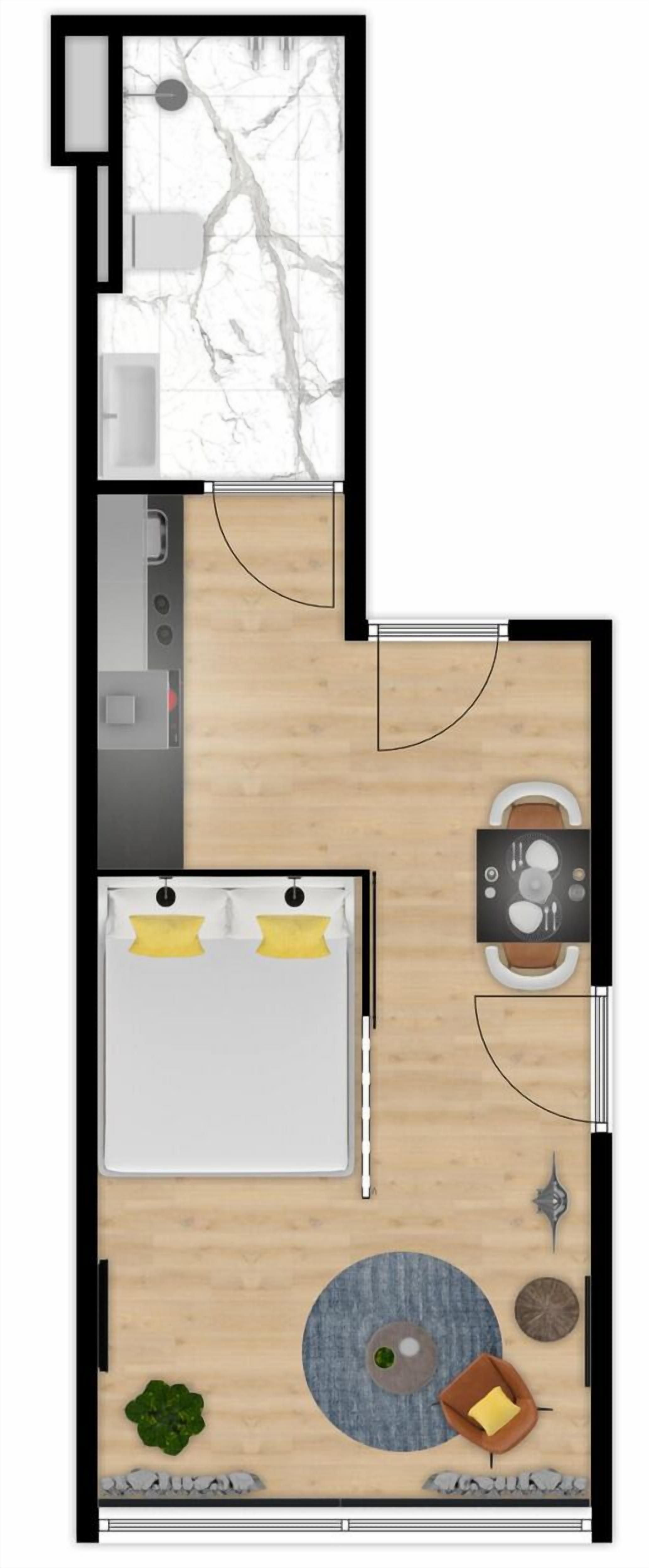 A floor plan of a hotel room with a bed, a small kitchen area, a seating area with a table and chairs, and a small balcony with a view.