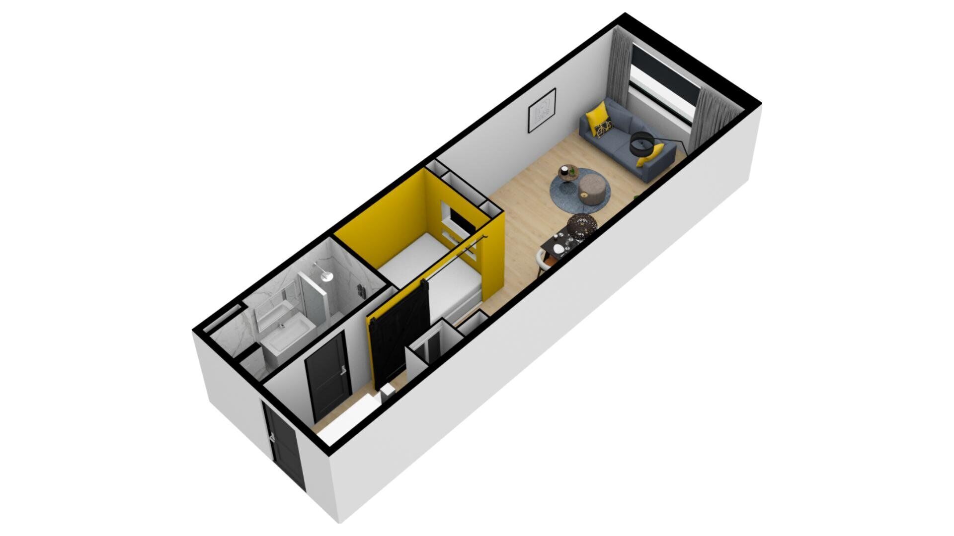 A 3D floor plan of a studio apartment with a kitchenette, a bathroom, a living area with a sofa and a dining table, and a small balcony.