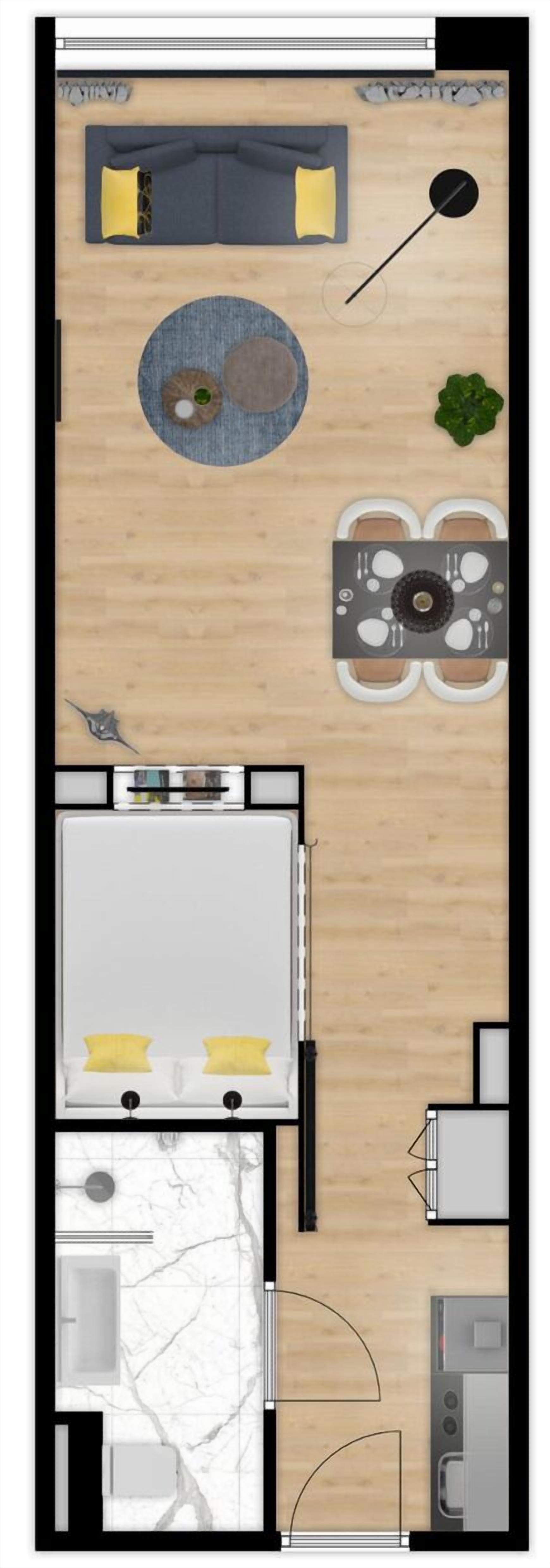 A 1-bedroom apartment layout with a living room, dining area, kitchen, and bathroom.