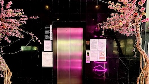 An elevator with pink floral decorations on either side and a neon sign. - Koenig Hotel Pattaya (Pattaya)