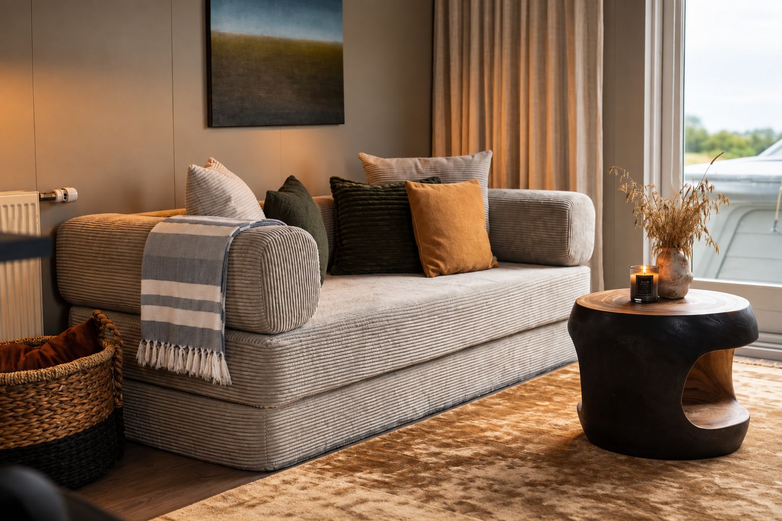 Una sala de estar moderna con un sofá, cojines, una mesita redonda con una vela y una cesta tejida.