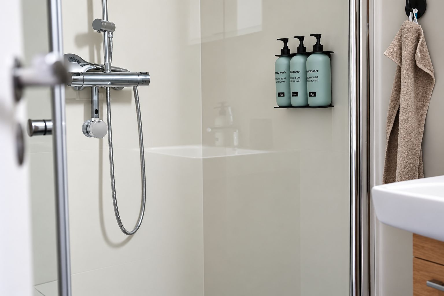 A modern bathroom with a glass shower enclosure, a white sink, and a towel rack with a beige towel.