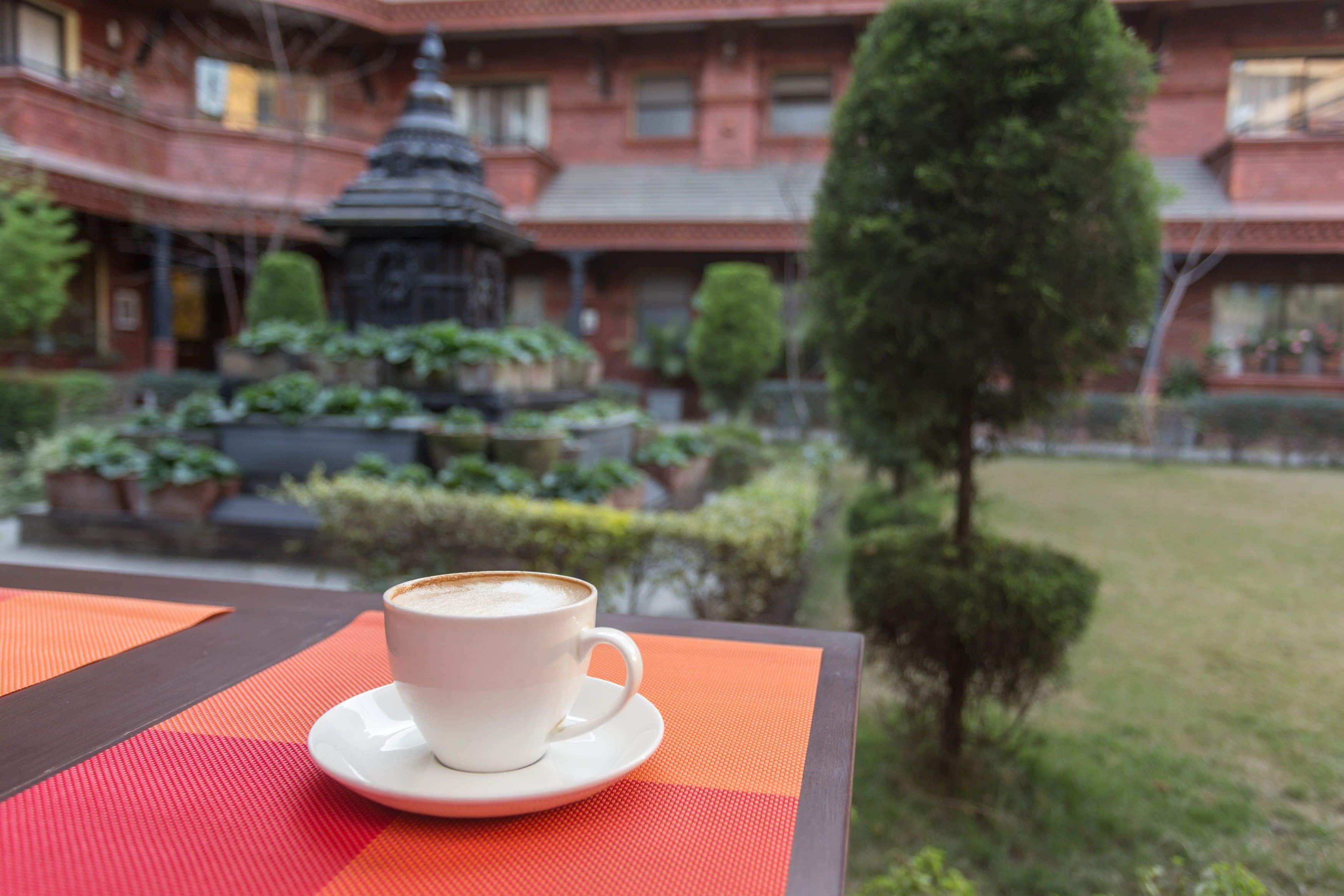 A cup of coffee on a table with a view of a courtyard featuring a fountain and neatly trimmed bushes.